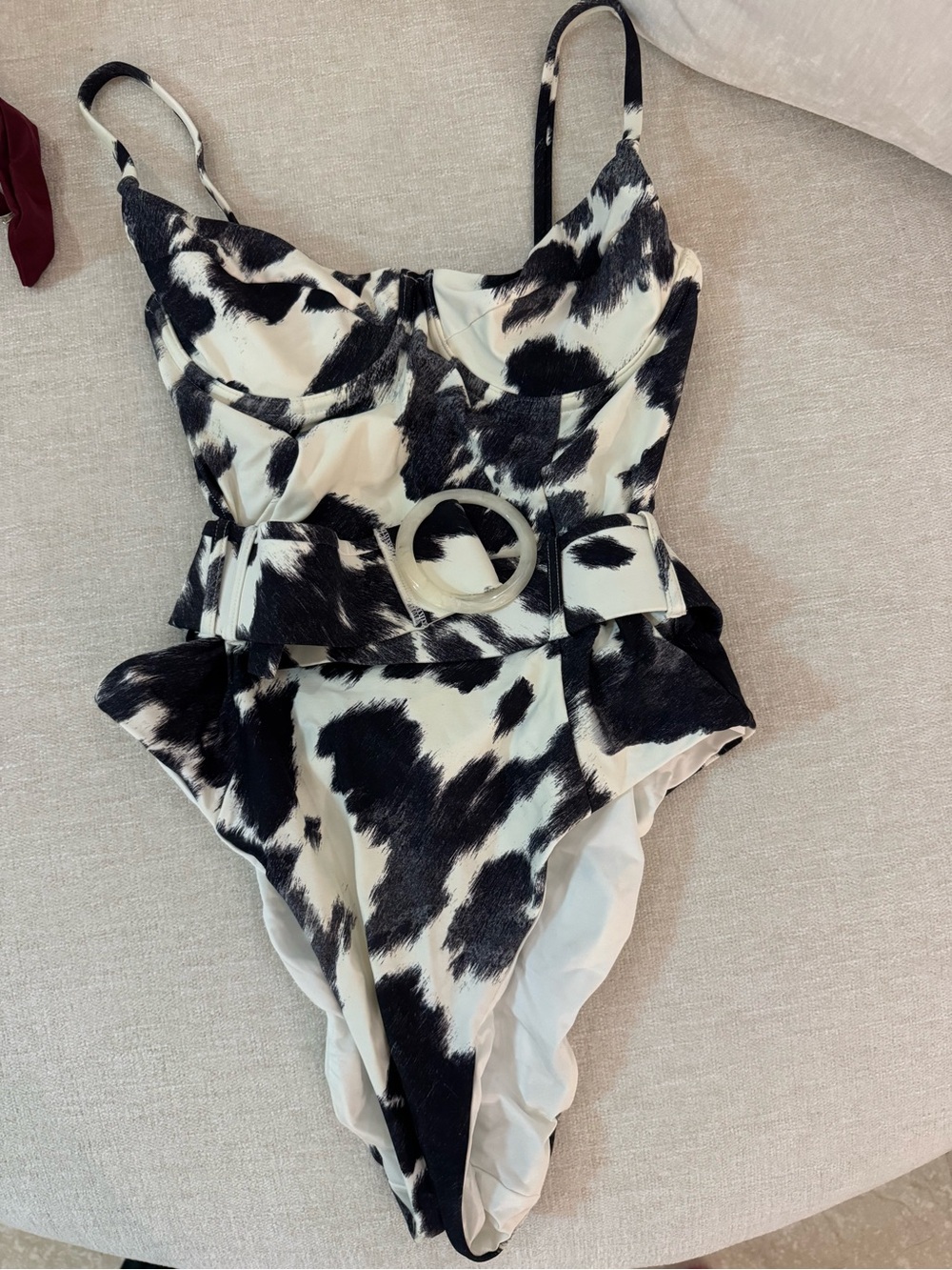 WeWoreWhat Black and White Cow-Print One-Piece Swimsuit with Belt NWOT